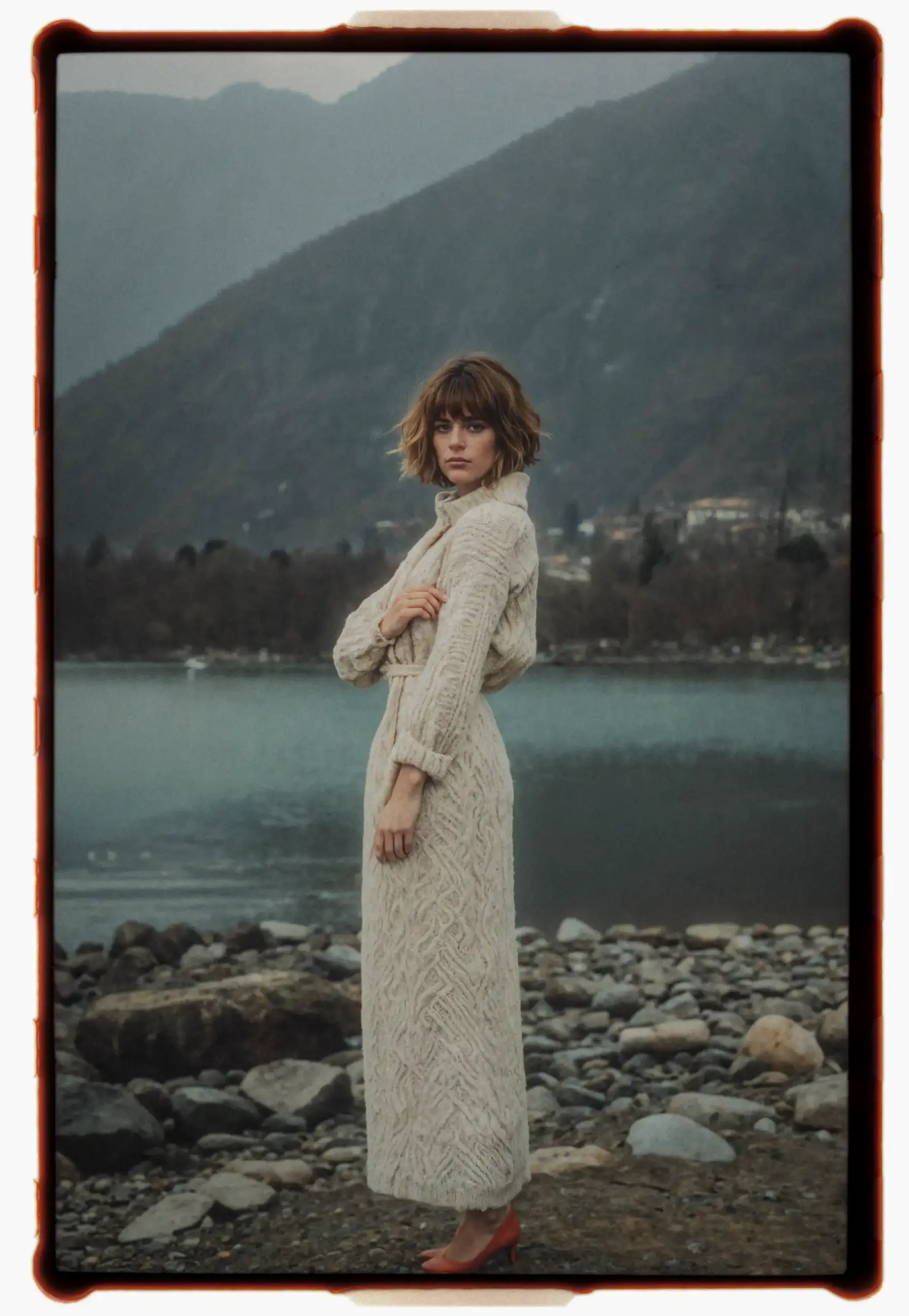 Young woman standing by a riverbank wearing a long textured coat and red shoes photographed on analog film with mountains water and an overcast sky in the background