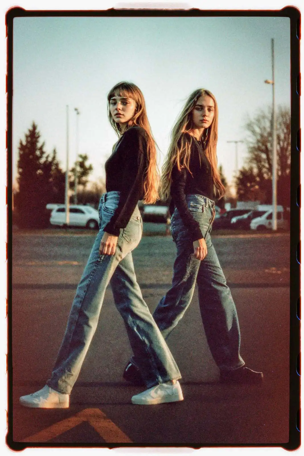 Two young women walking side by side across an empty parking lot at dusk wearing dark tops and denim jeans photographed on analog film with warm evening light