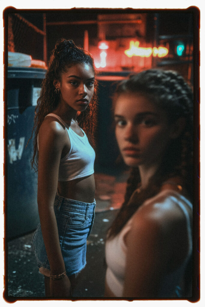 &quot;Backstreet Girls&quot; by Mikael van Lichtberg is an analog photograph capturing two confident young women in a gritty urban alley at night, illuminated by neon lights, embodying themes of femininity and friendship.