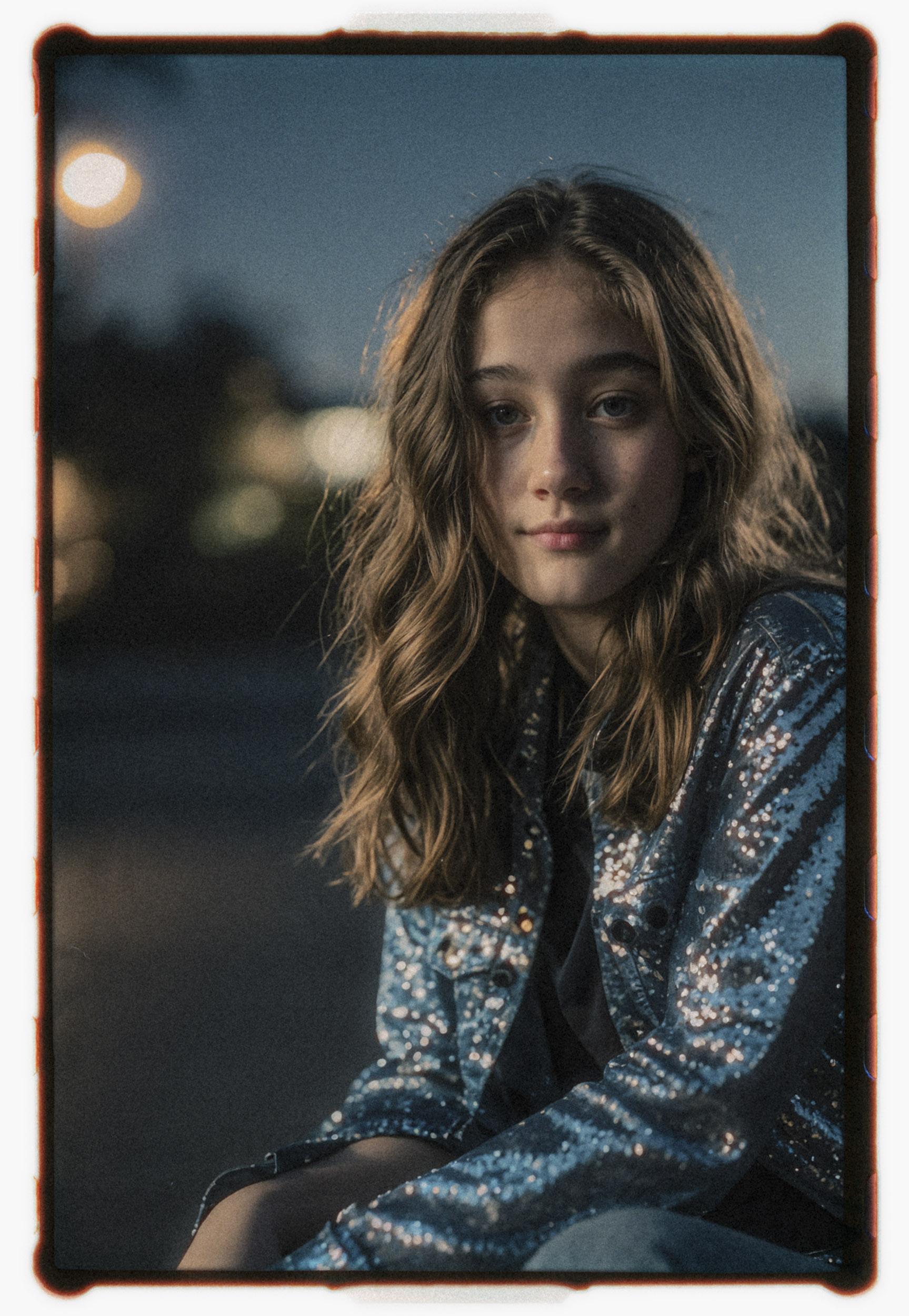 Analog twilight portrait titled Outside the Scene of a young woman in a blue sequined jacket, with a soft urban evening bokeh backdrop.