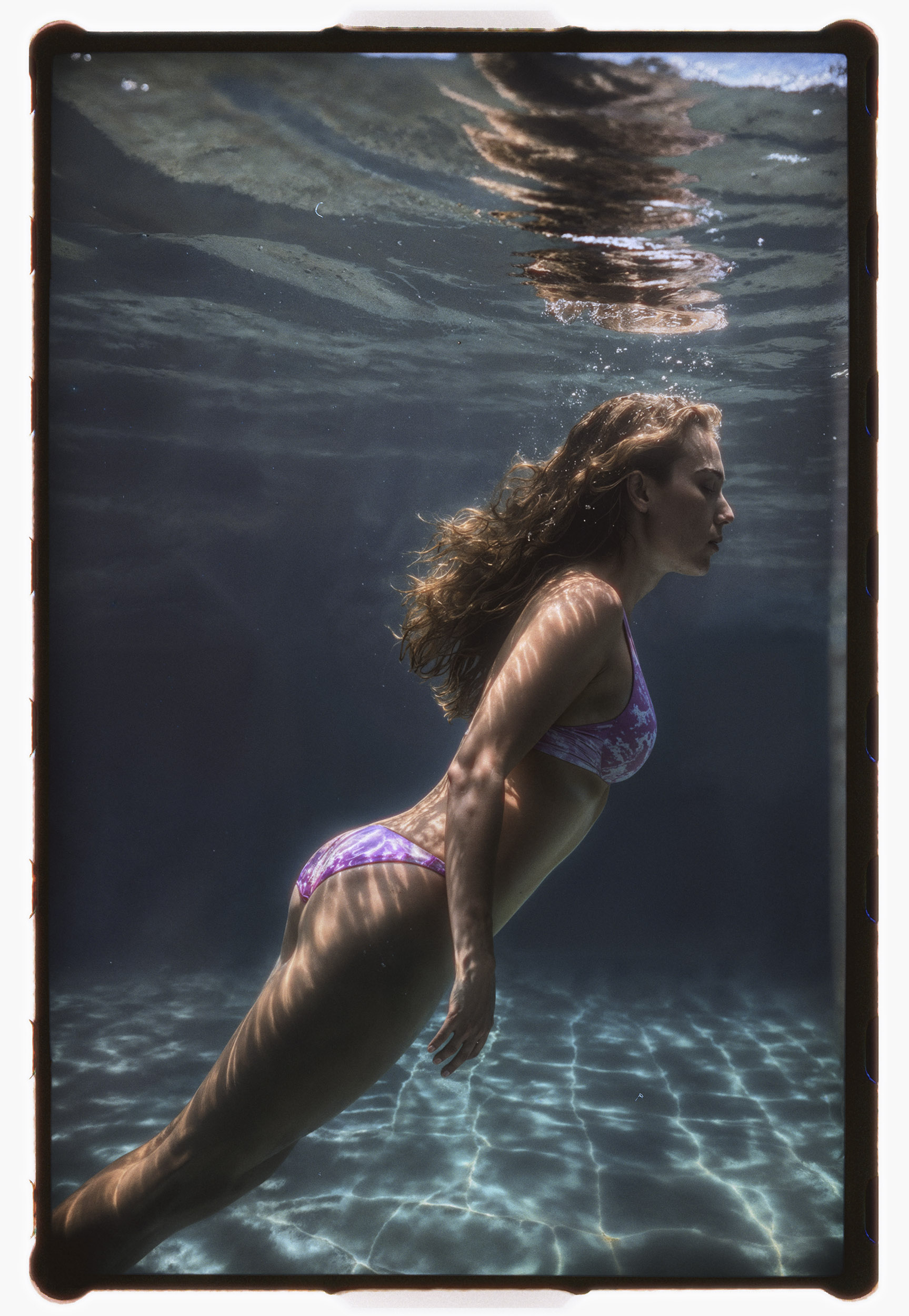 Analog underwater portrait of a woman in a lavender bikini, illuminated by shimmering sunlight and rippling water patterns.