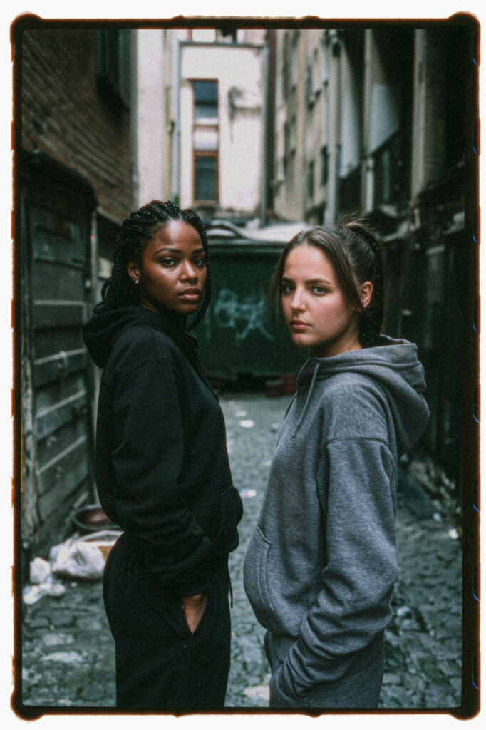 Yardsale 2021 by Mikael van Lichtberg: A grainy analog portrait of two young women in hoodies, set against a gritty brick alleyway. The contrast in their expressions captures the raw essence of urban fashion and editorial photography.